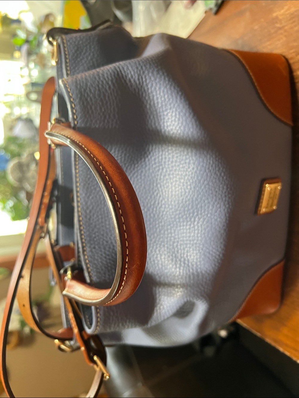 Dooney & Bourke Blue Pebbled Leather Satchel with Brown Trim - Picture 2 of 12